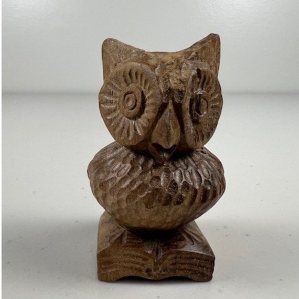 Vintage Hand Carved Wood Owl on Book Figurine Signed 1995 Folk Art 3 Inch